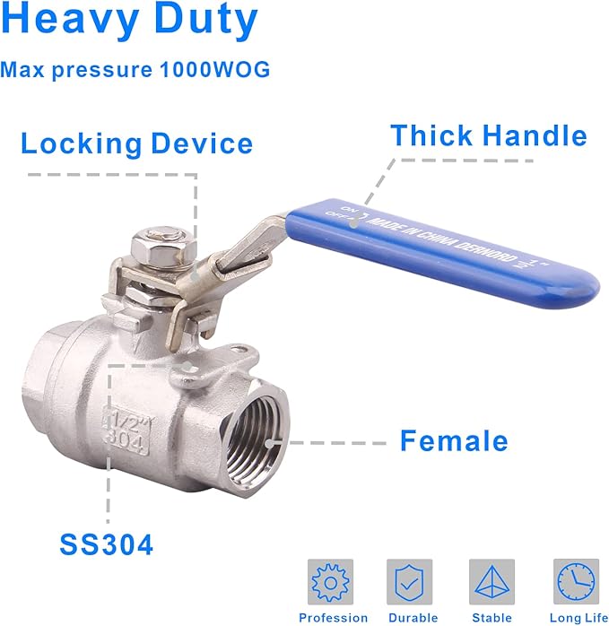 DERNORD Stainless Steel 304 Ball Valve, Full Port Heavy Duty for WOG with Locking Device (1/2" NPT)