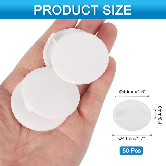 uxcell 50Pcs Plastic Hole Plugs, 1-3/5"(40mm) Flush Type Panel Round Screw Caps Cover Fastener Knockout Locking Plugs for Furniture Insert End Caps Panels, White
