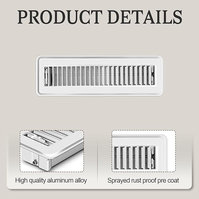 1 PCS Floor Vents Floor Registers 2x10 inch, Heavy Duty Metal Heat Air Vent Covers 2 X 10 with Rust Proof Finish for Home Office Wall Floor Registers Grilles & Vents (1, White, 2x10 Inches)