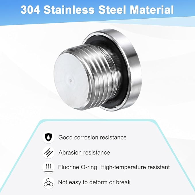 2-Pack Inner Hex Head Pipe Fitting Plug, 1/2 NPT 304 Stainless Steel Socket Bung Plug with Sealing Ring for Terminate Pipe Ends/Replacement Drains