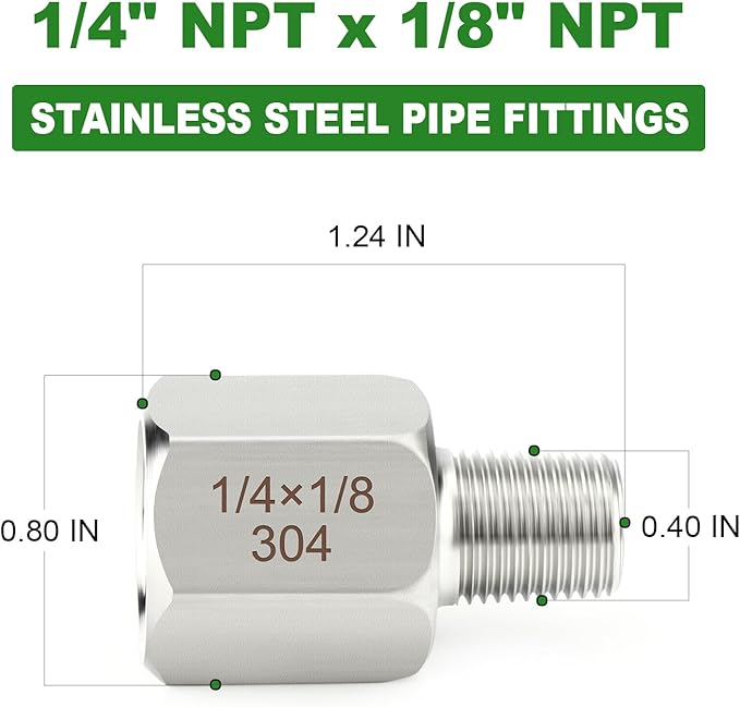 TAISHER 10PCS 304 Stainless Steel Pipe Fitting, New Reducer Adapter, 1/8" NPT Male x 1/4" NPT Female, Reducing Pipe Adapter Fitting