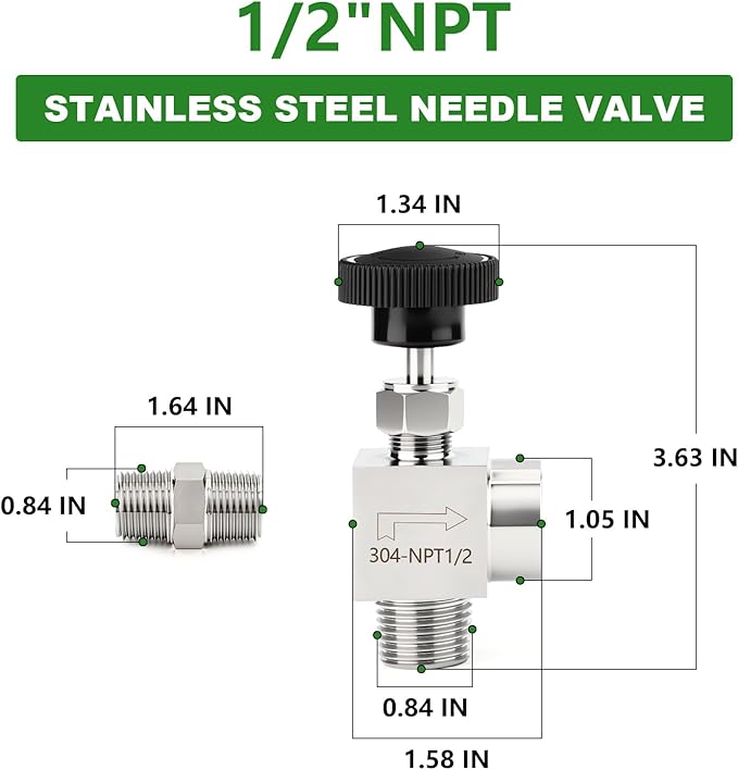 TAISHER 1PCS 304 Stainless Steel 90 Degree Needle Valve 1/2" NPT Male x 1/2" NPT Female For Flow Control Water Gas Oil With Nipple