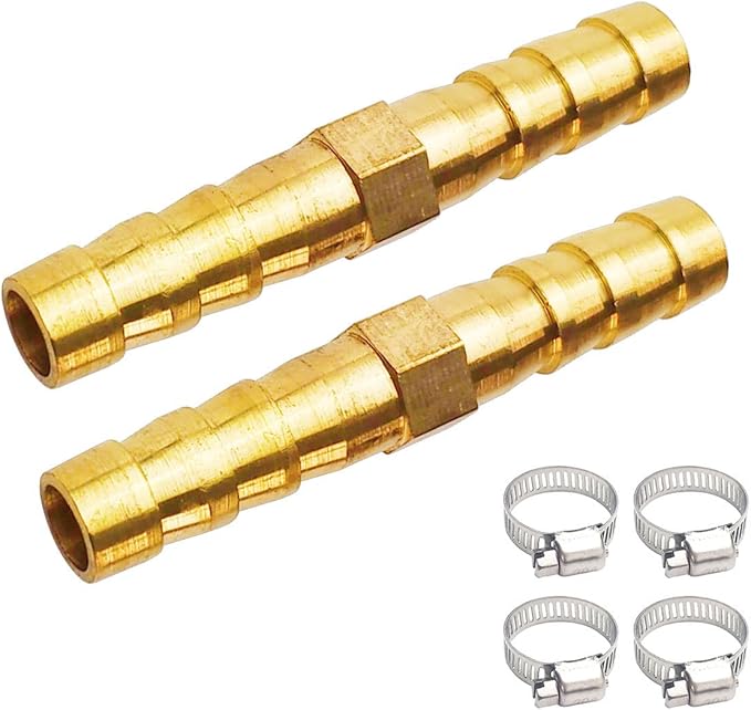 2PCs 1/4" Brass Hose Barb Fitting Straight Shape Barbed Splicer Mender Union Fitting with 4PCs Hose Clamp for Oil Water Air