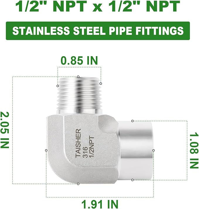 TAISHER 2PCS 316L Stainless Steel 90 Degree Barstock Street Elbow, 1/2" NPT Male to 1/2" NPT Female 316L Stainless Pipe Fitting