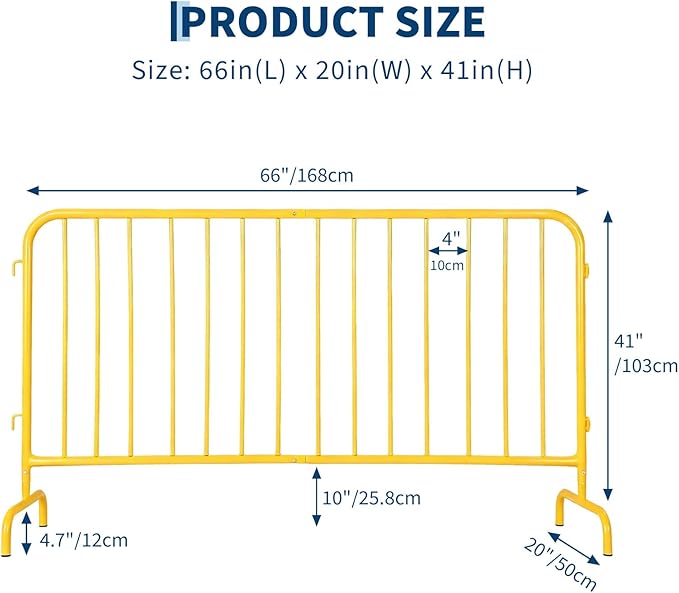 Interlocking Steel Barricade, 5.5 Ft. Heavy Duty Galvanized Metal Barricade, Interlocking Steel Road Barriers with with Bridge Feet Base, for Crowd Control Event Fencing Indoor/Outdoor, Yellow