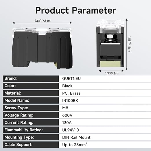 2Pcs DIN Rail Terminal Blocks with Cover, IN100BK 600V 130A 38mm² Electrical Connection Terminals, 4Pcs 12-10 AWG Insulated Fork Spade Wire Connectors & 3.15 Inch DIN Rail Included