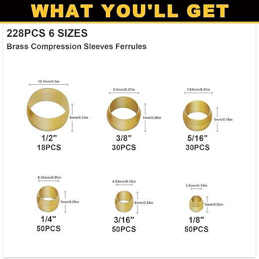 Siptenk 228PCS Brass Compression Sleeves Ferrules for Tube OD 1/2" 3/8" 5/16" 1/4" 3/16" 1/8", 6 Sizes Hose Compression Fitting Brass Ferrule Kit for DOT Air Brake Lines