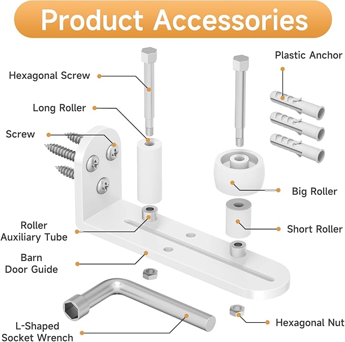 2PCS Sliding Barn Door Floor Guide, Adjustable Rollers Barn Door Hardware, Barn Door Rollers, Flush Flat Bottom Design, Rounded Edge Design (White)