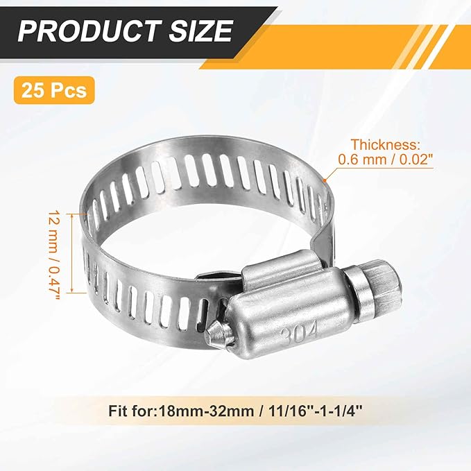 HARFINGTON 25 Pcs Hose Clamp 11/16"-1-1/4" (18-32mm) 304 Stainless Steel Adjustable Worm Gear Hose Clamp with Phillips Screw Assortment Kit for Fuel Line Pipe Plumbing Automotive Tube