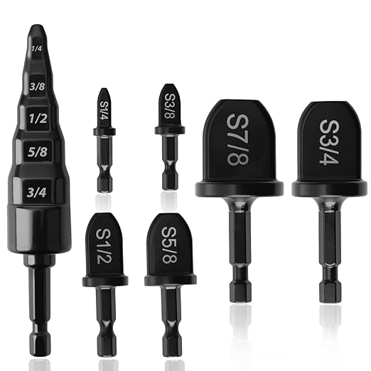 7 Sets HVAC Copper Tube Flaring Tool Drill Bit Set, Swaging Tube Repair 5 in 1 Air Conditioner Copper Pipe Expander Flaring Swaging Drill Set with 1/4'', 3/8'', 1/2'', 5/8'', 3/4'', 7/8' Bits, Black