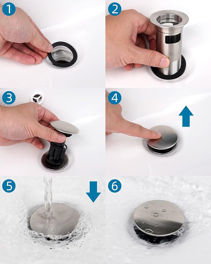 Hibbent 2 Pack Metal Bathroom Sink Drain with Overflow, Push and Seal Pop Up Drain Stopper, Stainless Steel Vessel Lavatory Vanity Sink Drain Stopper, Anti-Clogging Strainer, Brushed Nickel