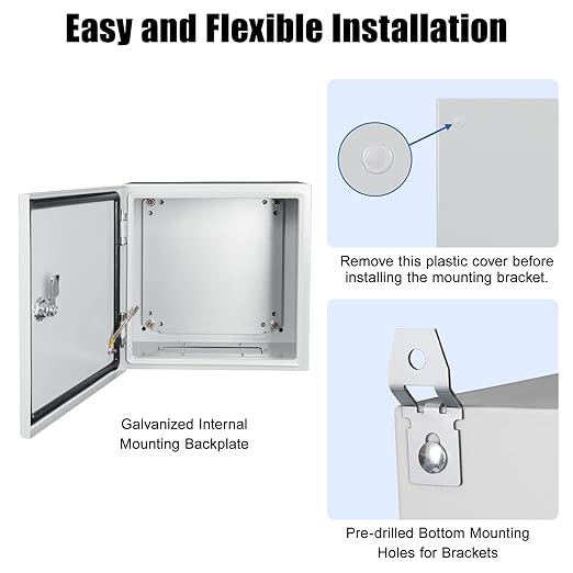 LeMotech Electrical Box 12 x 12 x 8 inch Junction Box, IP66 Waterproof Dustproof Steel Enclosure Wall-Mounted for Outdoor/Indoor Lockable with Equipment Mounting Plate