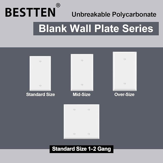BESTTEN 10 Pack 1-Gang No Device Blank Wall Plate, UL Listed, Standard Size, H4.53” x W2.76”, Unbreakable Polycarbonate Thermoplastic Outlet Cover, White