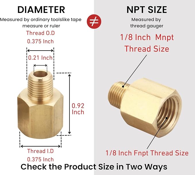 1/8 Inch NPT Male to 1/8 Inch NPT Female Pipe Reducer Adapter, Brass Pipe Extension Fittings, Thread 0.375" OD to 0.375" ID, Pack of 2