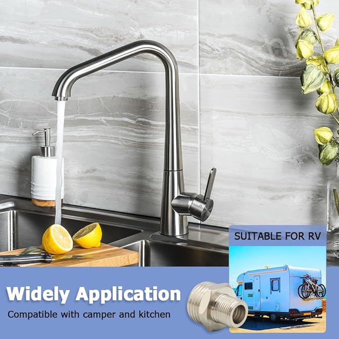Hooshing 2PCS 1/2 to 3/8 Reducer RV Faucet Adapter Brass Pipe Fitting 3/8 Male to 1/2 Male Water Line Adapter for RV Kitchen Bathroom Plumbing with Washers