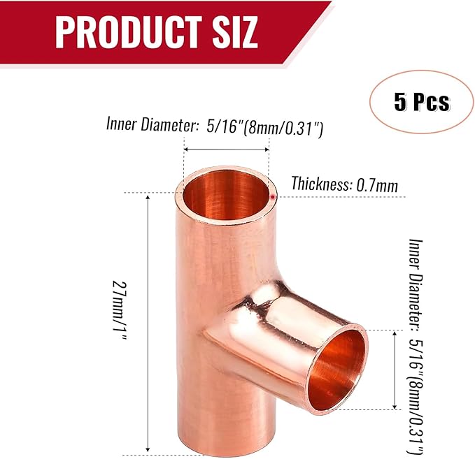 5/16" Copper Tee,Copper Three-Way Fitting Welding Joint, Sweat Solder Connection for Residential and Commercial Plumbing, HVAC Air Conditioning Systems (5 Pack)