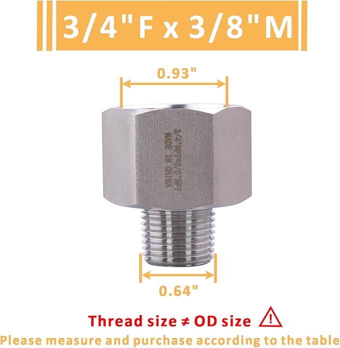 Forged Reducer Adapter Fitting - Stainless Steel 304 Reducing Pipe Connector, 3/4" NPT Female x 3/8" NPT Male (pack of 2)