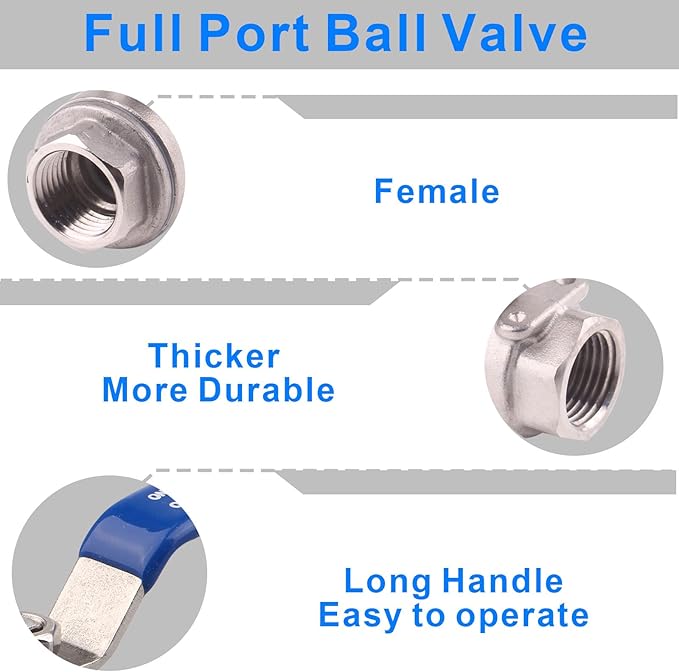 DERNORD Full Port Ball Valve Stainless Steel 304 Heavy Duty for Water, Oil, and Gas with Blue Locking Handles (1/2" NPT)