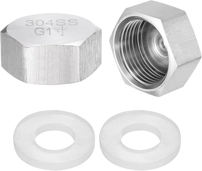 uxcell Hex End Cap 304 Stainless Steel Nut with Washer, G1 Female Thread Pipe Fitting, Gas Line Water Line Stop Valve Cap Tubing Ends for Plumbing Fittings, Silver Tone