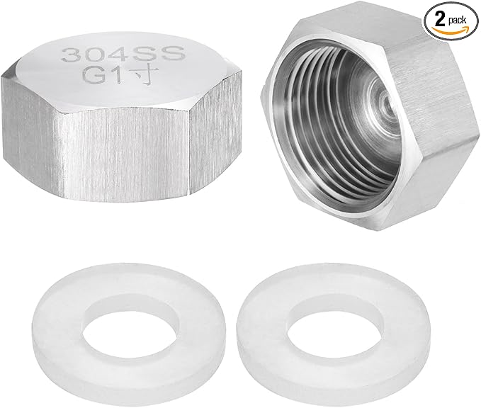 uxcell 2pcs Hex End Cap 304 Stainless Steel Nut with Washer, G1" Female Thread Pipe Fitting, Gas Line Water Line Stop Valve Cap Tubing Ends for Plumbing Fittings, Silver Tone