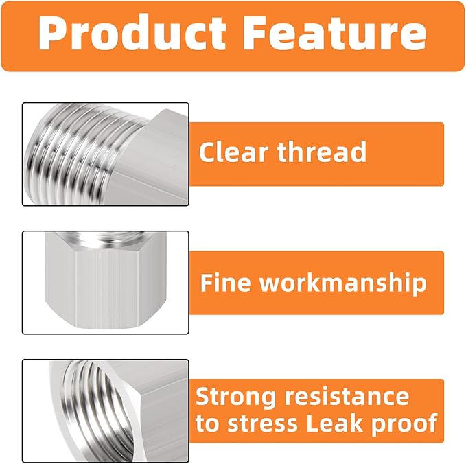 GASHER 6PCS 304 Stainless Steel Pipe Fitting, Hex Bushing, Reducer Adapter, Reducing Hex Nipple 1/2 Inch NPT x 3/8 Inch NPT