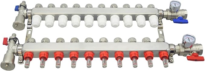 10 Branch PEX Radiant Floor Heating Manifold Set Floor Heating Water Distributor 1/2" Pipe Adapter 304 Stainless Steel and Brass, for Heating Systems