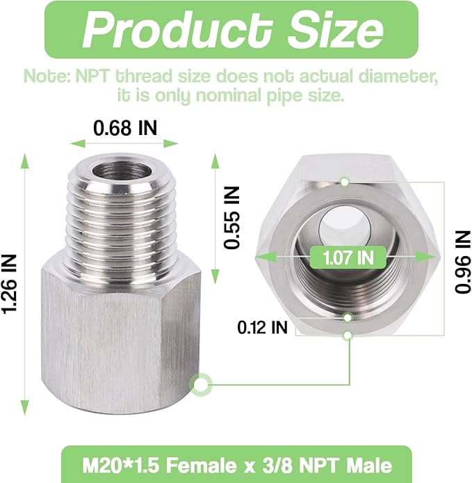 Stainless Steel 304 M20*1.5 Female Thread x 3/8" NPT Male Adapter Metric Convert NPT Pipe Fiiting for Pressure Gage 1pc