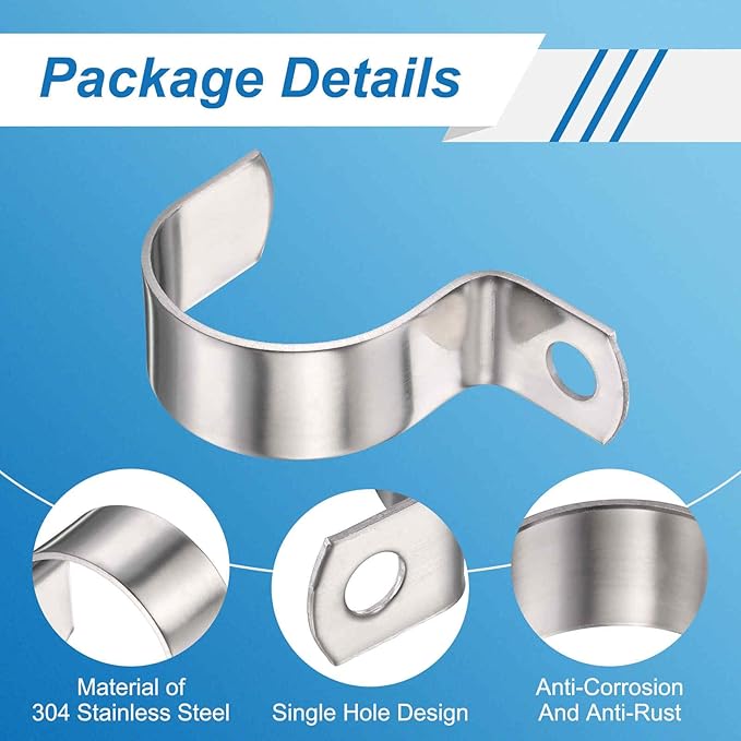 HARFINGTON 1-1/4 Inch Pipe Strap, 304 Stainless Steel Conduit Clip 10Pcs Single Hole Strap Clamp for Pipe Tube Cable Fixing (32mm, Silver)