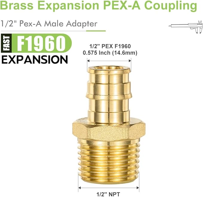 10 Pack 1/2" Pex-A Expansion Male Adapter, 1/2" NPT to 1/2" PEX Brass Expansion PEX-A Fittings,Zero-Lead Brass NSF/ANSI 61 NSF 372 Certificate, ASTM F1960 Certified