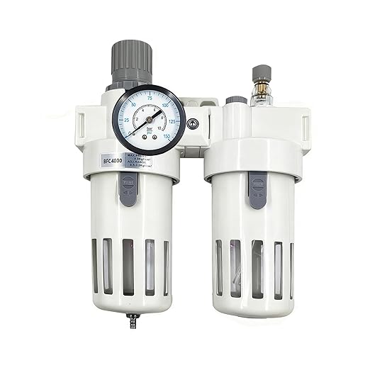 XingNEeng 1/2" NPT Compressed Air Filter Regulator Lubricator (FRL) Unit, Double Water/Oil Trap Separator, Gauge(0-150 psi), Semi-Auto Drain Air Compressor Water Separator, Poly Bowl, Metal Bracket