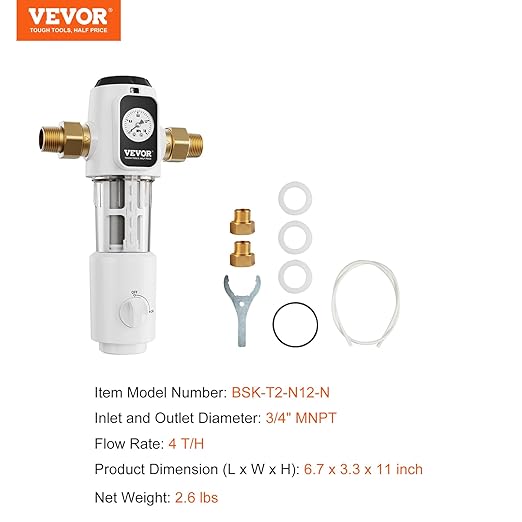 VEVOR Sediment Filter, 20 GPM Spin Down Sediment Filter with Pressure Gauge, 4Th Gen Backwash Pre-Filtration System, 360° Bi-Side Scraper Flush, Reusable Whole House Sediment Water Filter, 3/4" MNPT