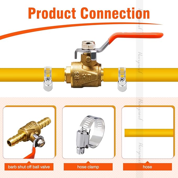 3/8 inch brass mini shut off ball barb valve for water fuel hose gas line rv air tubing, straight inlet manifold petcock 3/8 fuel shut off valve (2pcs with clamps kit)