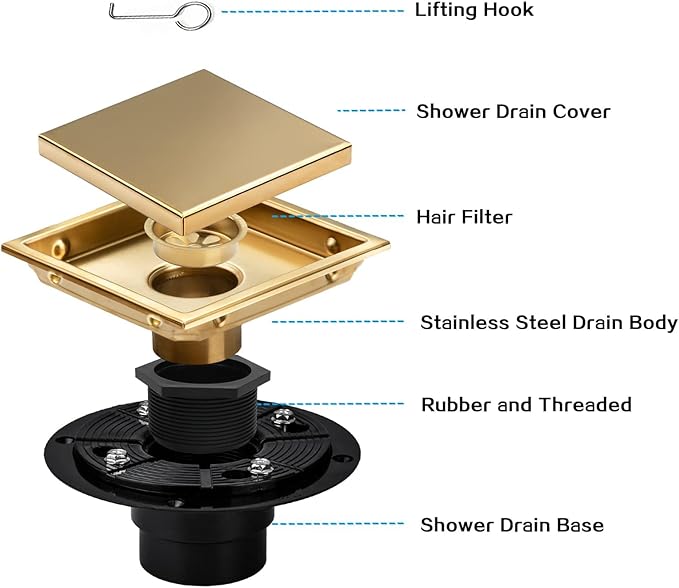 Square Shower Drain, Gold Shower Drain 6 inch with Flange and 2 in 1 Tile-Insert Cover, AISI 304 Stainless Steel Gold Shower Floor Drain with Hair Catcher and Flange