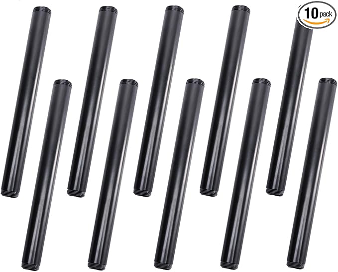 3/4" x 10" Black Painted Iron Pipe, Home TZH 10 Pack Threaded Black Paint Finish Metal Pipe Nipple for DIY Project/Furniture/Shelving Decoration(10, 10")