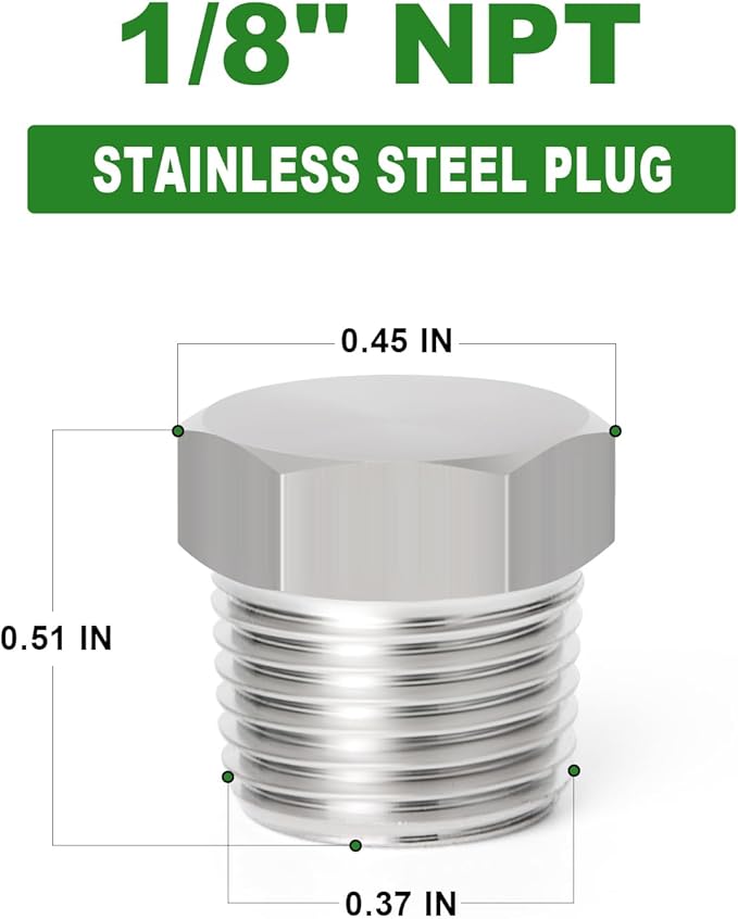 TAISHER 2PCS Stainless Steel Outer Hex Thread Socket Pipe Plug Fitting 1/8" NPT Male