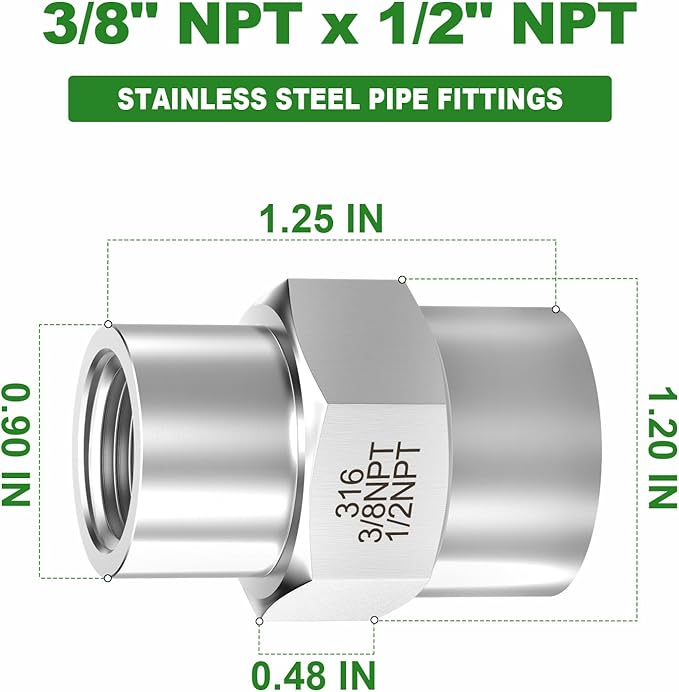 TAISHER 2PCS Forging of 316L Stainless Steel Pipe Fitting, Reducer Coupling, 1/2" NPT Female x 3/8" NPT Female, Reducing Pipe Adapter Fitting