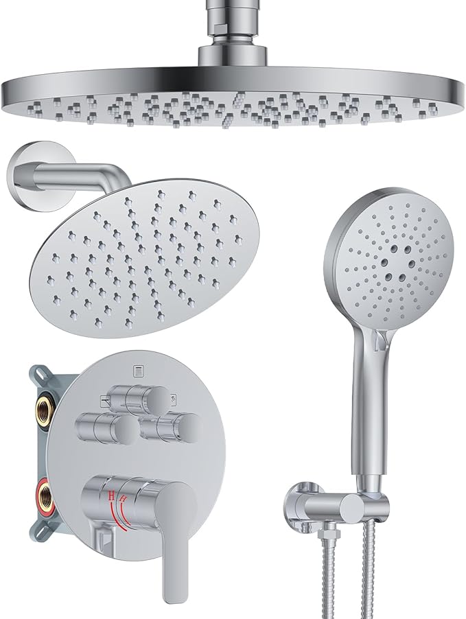 Shower System with Pressure Balance Valve, 10" Ceiling Mount Shower Faucet Set with 2 Rain Shower Head And Multi-function Handheld Head Push Button Diverter Pressure Balancing Valve Kit, Chrome