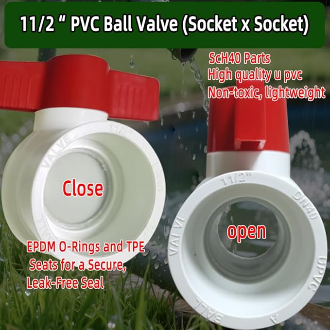 2Pack 1-1/2" PVC Ball Valve (Socket x Socket),Schedule 40, Cold Water Pipe 1.5 inch Shut-off Valve Socket for Water Supply Lines, Garden Irrigation & Pipe Fitting Systems,Red T-Handle.