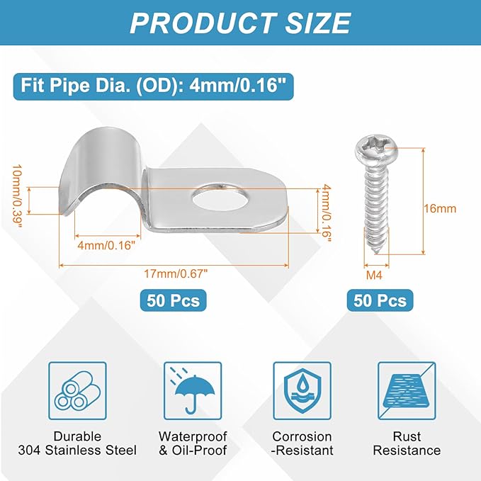 uxcell 50Pcs 4mm(3/16") One Hole Rigid Pipe Strap, 304 Stainless Steel Conduit Clamp Thicken U Bracket Heavy Duty Pipe Clamp with Self-Tapping Screws for Fixing Tube Cable, Silver