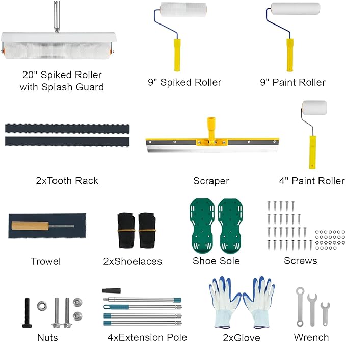 Complete Self Leveling Cement Tool Kit, Professional Epoxy Floor Kit Tools with Spiked Roller with Splash Guard, Spike Shoes, Paint Roller, Trowel, Scraper & Extension Pole