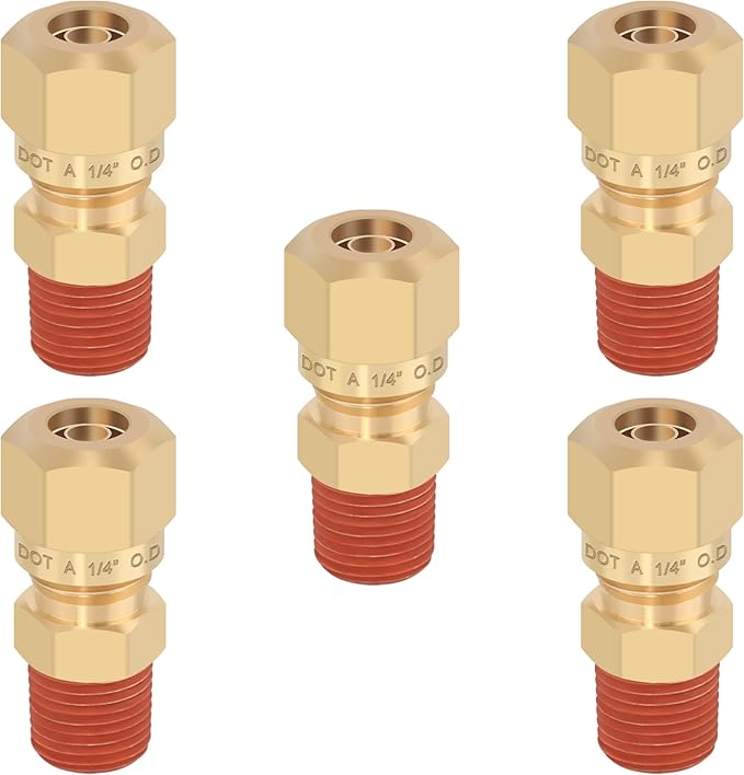 5PCS D.O.T Brass Compression Straight Union Fittings, 1/4" Tube OD x 1/8" NPT Thread Air Compression Union Nylon Tubing for Truck Airlines and Industrials