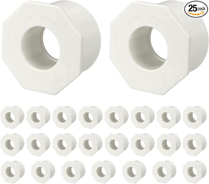 25Pcs 1 1/2" x 3/4" PVC Reducer Bushing Fitting, SCH40 (Spigot x Socket) Furniture Grade PVC Pipe Fitting, Reducer Bush Adapter for Home Sewer Plumbing, Industrial, Pipe Connection