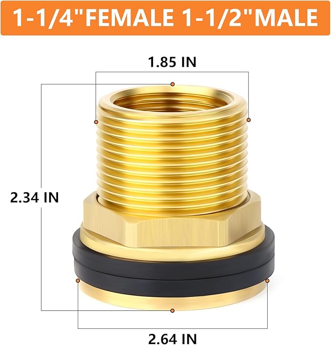 GASHER 1PCS Brass 1-1/4" Female 1-1/2" Male Bulkhead Tank Connector Adapter Fitting with Rubber Ring