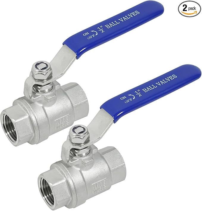 YADIAN 2 Pack 1/2'' Ball Valve Stainless Steel 304, Full Port 1/2 inch Ball Valve NPT Female Heavy Duty Shut Off Valve for Water, Oil, and Gas with Blue Locking Handles, 1000 WOG