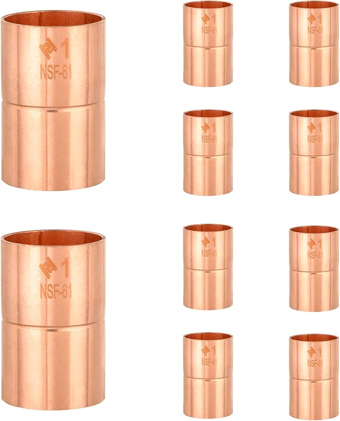 HeSun 10-Pack Copper Fittings, 1-Inch Copper Coupling with Rolled Stop, C x C with Sweat Solder Connection