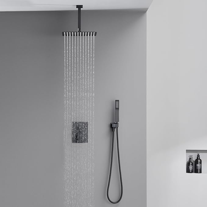 Shower System 12 Inches Rain Shower Combo Set Black Ceiling Mount Shower Faucet Bathroom Faucets with Rainfall Shower Head and Hand Shower