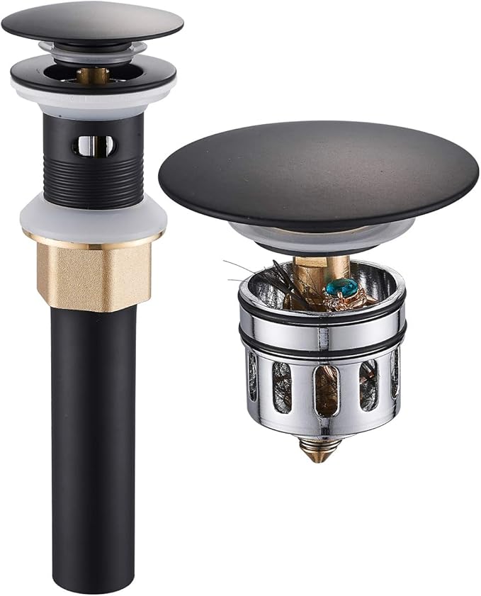 Vessel Sink Drain, Bathroom Faucet Vessel Sink Pop Up Drain Stopper, Built-in Anti-Clogging Strainer, with Overflow Matt Black, Fits Standard American Drain Hole(1-1/2" to 1-3/4") RWF083P