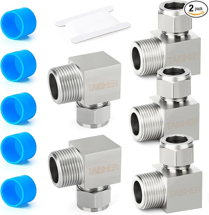 TAISHER 2PCS 304 Stainless Steel Square 90 Degree Compression Tube Pipe Fitting Connector, 1/4" Tube OD x 1/4" NPT Male Adapter