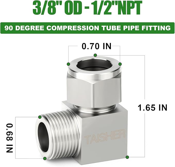 TAISHER 2PCS 304 Stainless Steel Square 90 Degree Compression Tube Pipe Fitting Connector, 3/8" Tube OD x 1/2" NPT Male Adapter