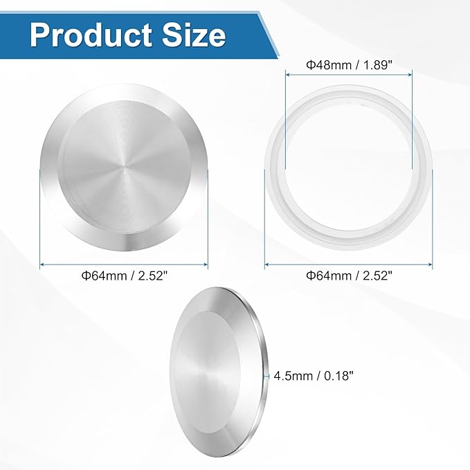 uxcell Stainless Steel Sanitary Fitting Clamp End Cap 2-1/2" (64mm) Solid Tube End Cap with Silicone Gasket for Food Beverage Cosmetics Factory Pipes